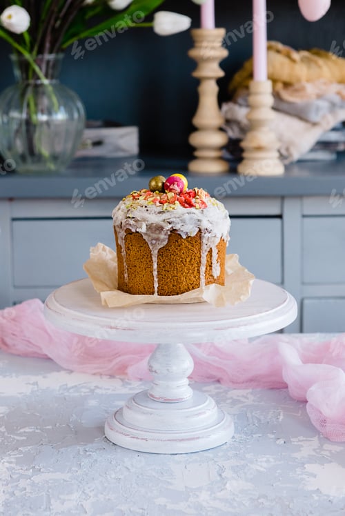 Preview: Easter cake and colorful eggs on festive Easter table