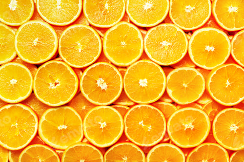 Preview: Creative pattern. Fresh sliced orange fruit texture. Macro, top view with copy space. Food frame