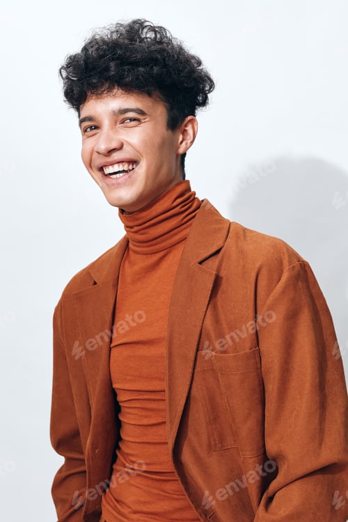 Preview: Trendy man curly student clothes portrait modern fashion lifestyle space beige