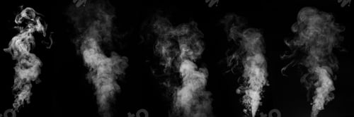 Preview: A perfect set of five different mystical curly white steam or smoke on a black background