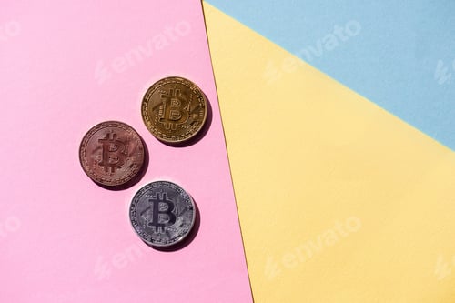 Preview: top view of arranged various bitcoins on colorful background