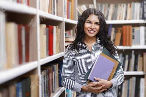 Preview: Smiling latina girl holding textbooks at library