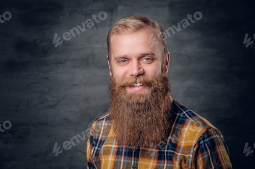 Preview: Bearded male with crossed arms, dressed in a yellow plaid shirt.