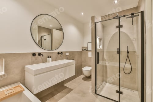 Preview: a bathroom with a shower sink and a mirror