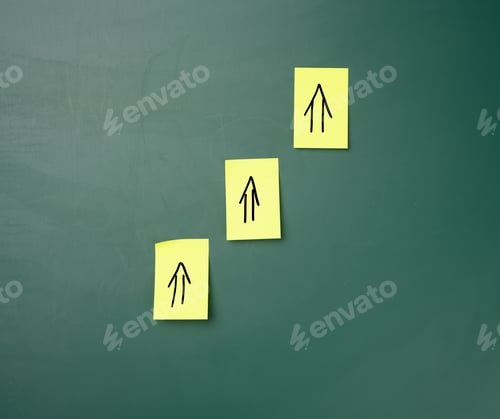 Preview: Stickers on a green chalk board, drawn arrows up. Growth and dynamics concept