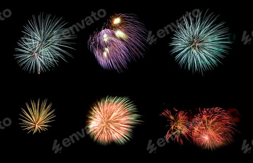 Preview: Variety of colorful fireworks isolated on black background