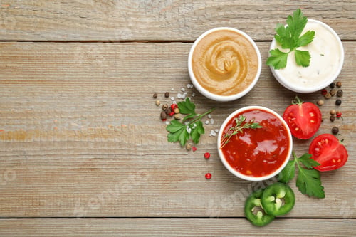 Preview: Different sauces, spices and parsley on wooden table, flat lay. Space for text