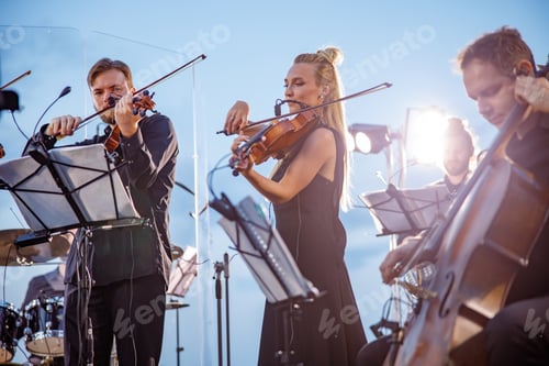 Preview: Musical ensemble playing classic instrumental music against blue sky
