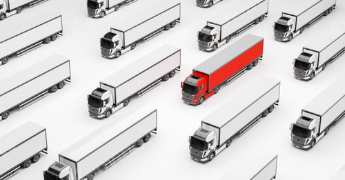 Preview: Fleet of new heavy trucks with one selected. Transportation