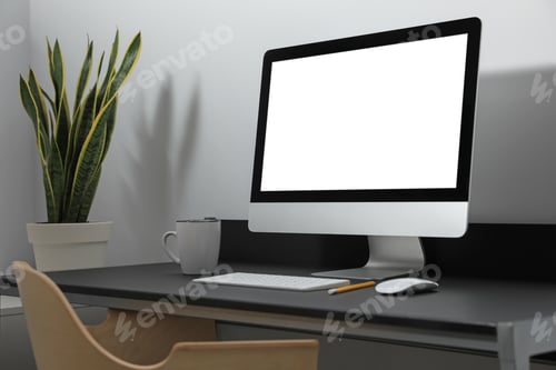 Preview: Modern computer with blank screen on black table indoors. Mockup for design