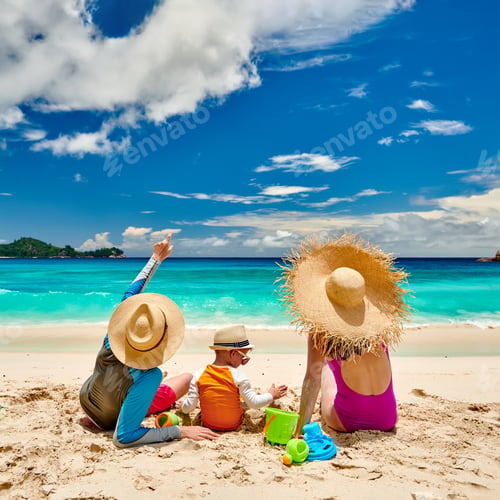 Preview: Family On Beach, Young Couple With Three Year Old Boy. Summer Vacation At Seychelles.