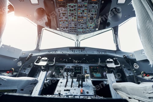 Preview: Beautiful sunlight. Close up focused view of airplane cockpit