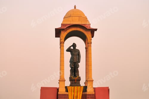 Preview: Statue of Subhas Chandra Bose under canopy behind India Gate war memorial