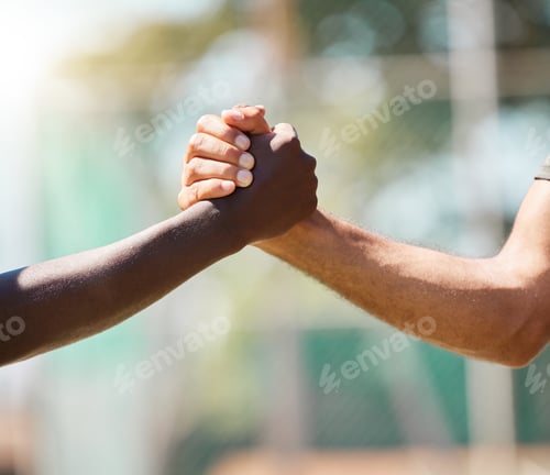 Preview: Handshake, partnership and agreement for trust, support or unity against a blurred background. Peop