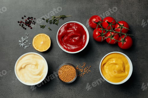 Preview: Flat lay composition with ketchup, mustard, mayonnaise and ingredients on grey table