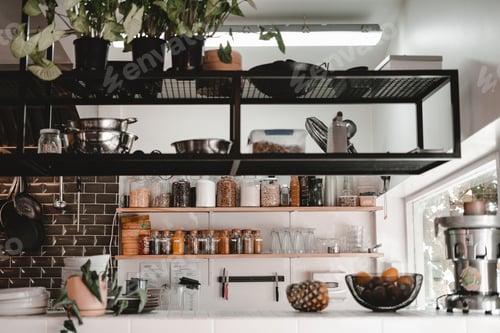 Preview: Kitchen with kitchenware and shelves