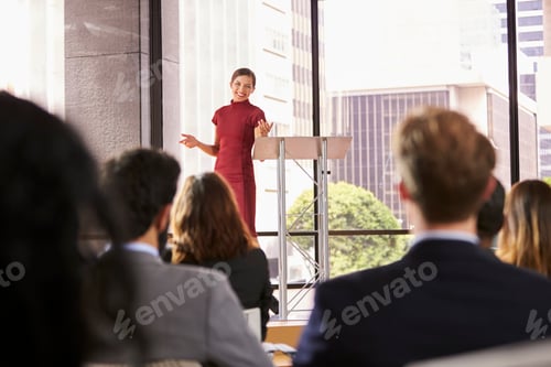 Preview: Young woman presenting business seminar gestures to audience