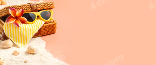 Preview: summer sand beach with wicker bag and sunglasses on peach vintage color background.