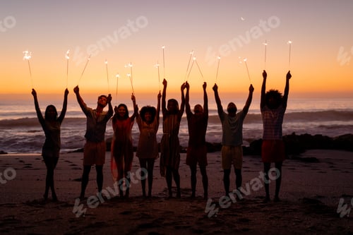 Preview: Multi-ethnic group of male and female having fun on the beach