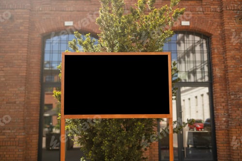 Preview: Mockup of the blank street city outdoor advertising square billboard in black frame at park entrance