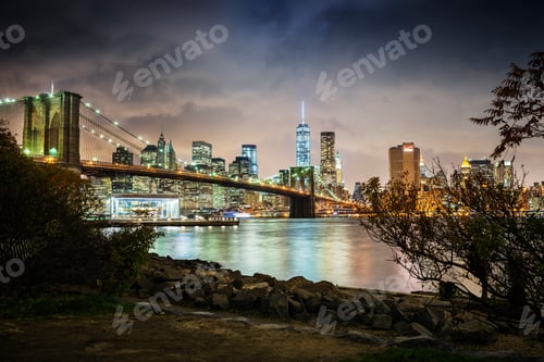 Preview: Brooklyn Bridge and Financial District at night, New York, USA