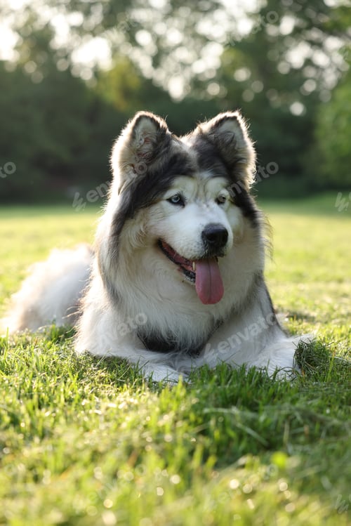Preview: Adorable Alaskan malamute dog lying on green grass outdoors