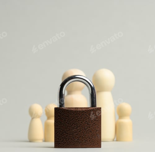 Preview: Metal lock and a family of wooden figures on a gray background. Security concept, personal data