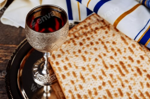 Preview: Passover holiday concept with wine and matzoh over rustic background with copy space