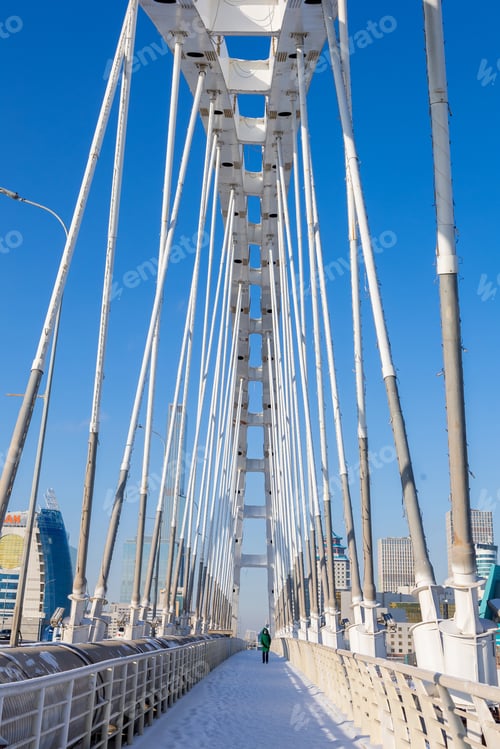 Preview: Modern architectural urbanistic bridge across Ishim river. Interior futuristic bridge against sky