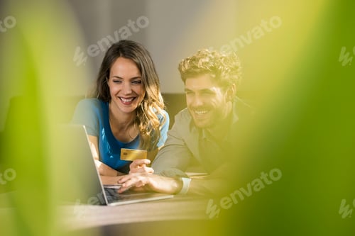 Preview: Smiling couple shopping online with laptop on sofa at home