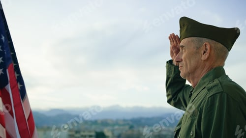 Preview: Elderly Man Stand Against American Flag For Veterans Day Holiday