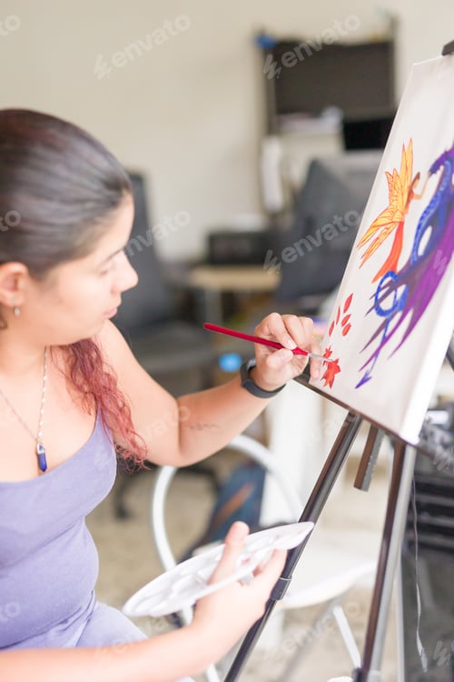 Preview: Painting artwork leisure at home. Enjoy weekend hobby. South american venezuelan mid woman close-up