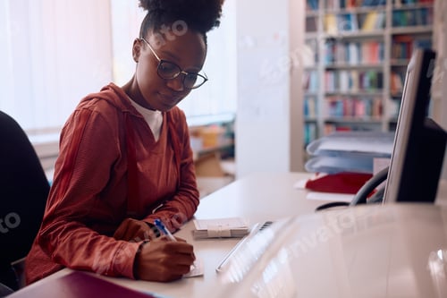 Preview: Black female student taking notes while suing desktop PC in library.