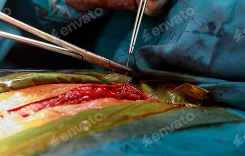 Preview: Suturing the after the surgery with surgical tools and tissues close-up