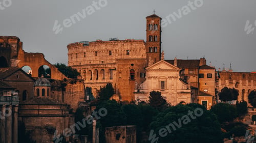 Preview: Beautiful view of the Roman Forum with historic buildings under gray sky in Rome