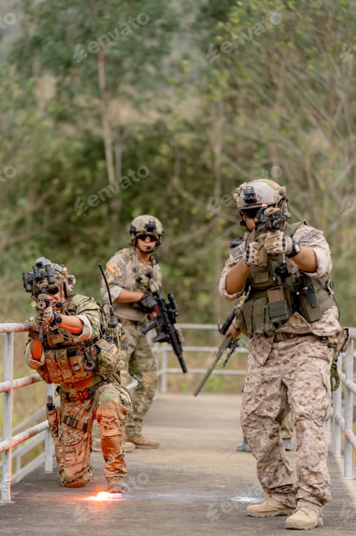 Preview: Vertical image military or soldier team with battle suit stay on the bridge near flare firework