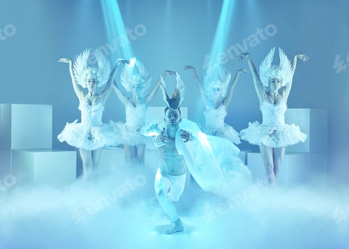 Preview: The studio shot of group of modern dancers on blue background