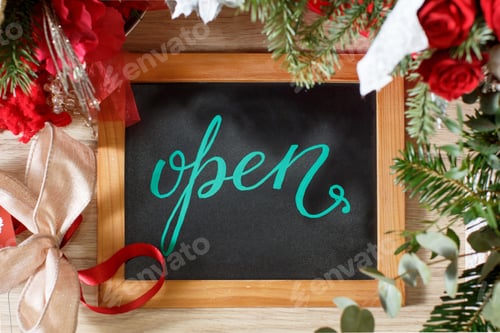 Preview: Chalkboard OPEN inside a Flower shop during holiday winter season
