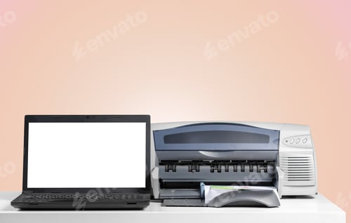 Preview: Printer and computer. Office table