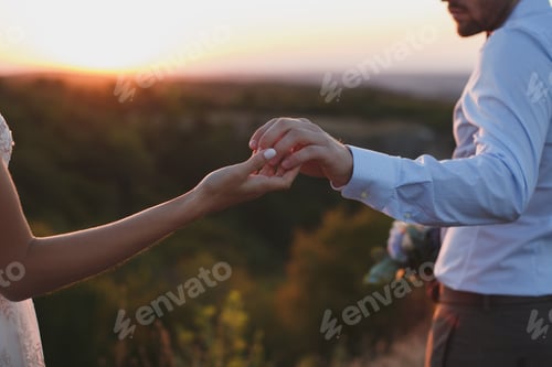 Preview: The couple, the bride and groom holding hands at sunset in the mountains
