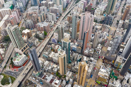Preview: Kowloon city, Hong Kong 03 April 2019: Drone fly over Hong Kong city