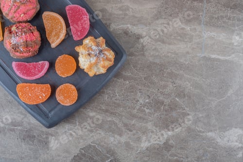 Preview: Navy board with marmelades and cookies on marble background