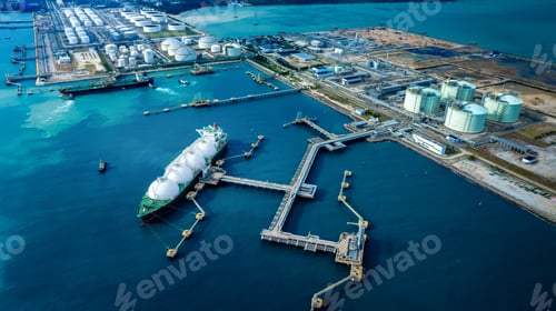 Preview: LNG (Liquified Natural Gas) tanker anchored in Gas terminal gas tanks for storage. Oil Crude