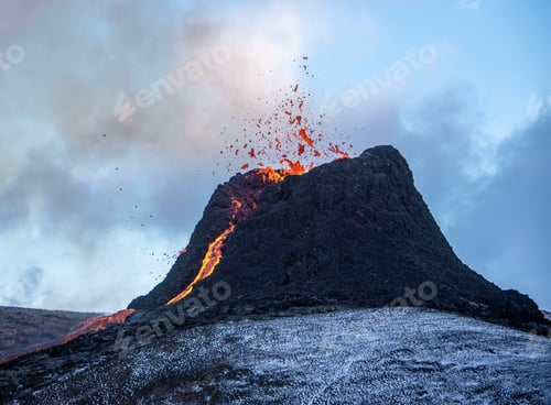 Preview: Active volcanic crater with an ongoing eruption in mountain Fagradalsfjall, Southwest Iceland
