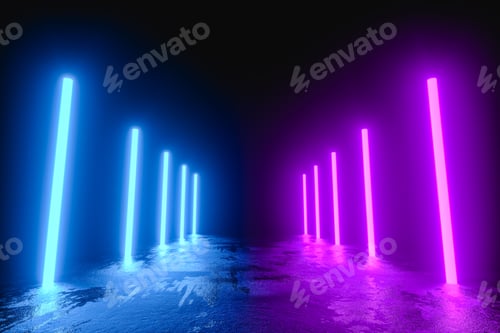 Preview: Futuristic concrete corridor with blue and purple neon lights on the side.
