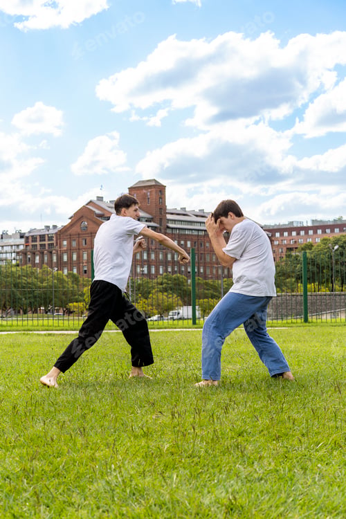 Preview: Two young men practicing martial arts in an urban park setting