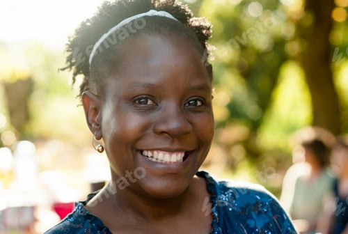 Preview: Natural beautiful african woman smiling at the camera in nature.