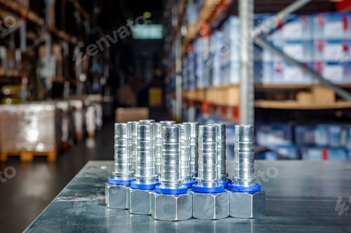 Preview: Metal hydraulic fittings stands on the silver table in the warehouse