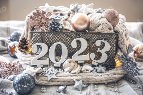 Preview: Christmas cozy background with numbers 2023 and decor details.