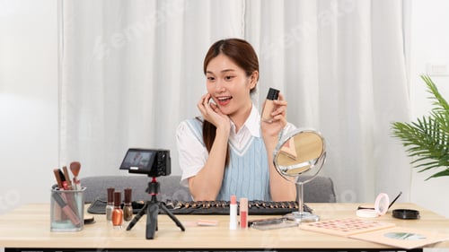 Preview: Young beauty influencer touching face with hand and showing liquid foundation product to cosmetic